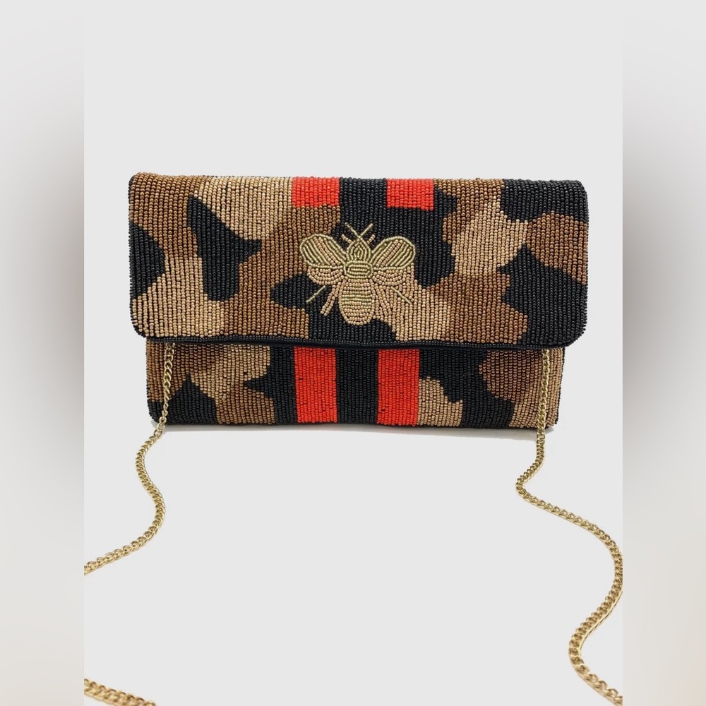 #105 Camo Bee Beaded Clutch-Gold
